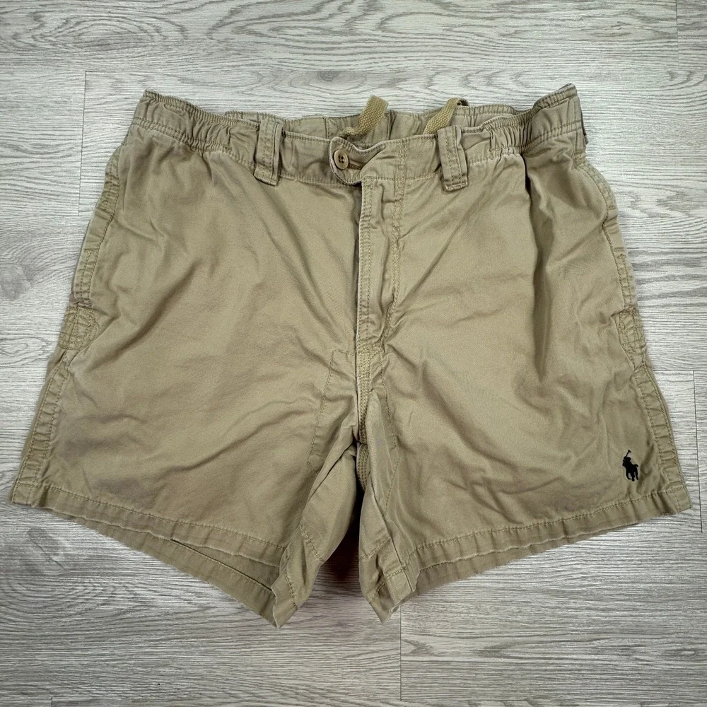 Polo Ralph Lauren Men's Shorts Chino Elastic Waist Khaki Tan Large Pony Logo Y2K